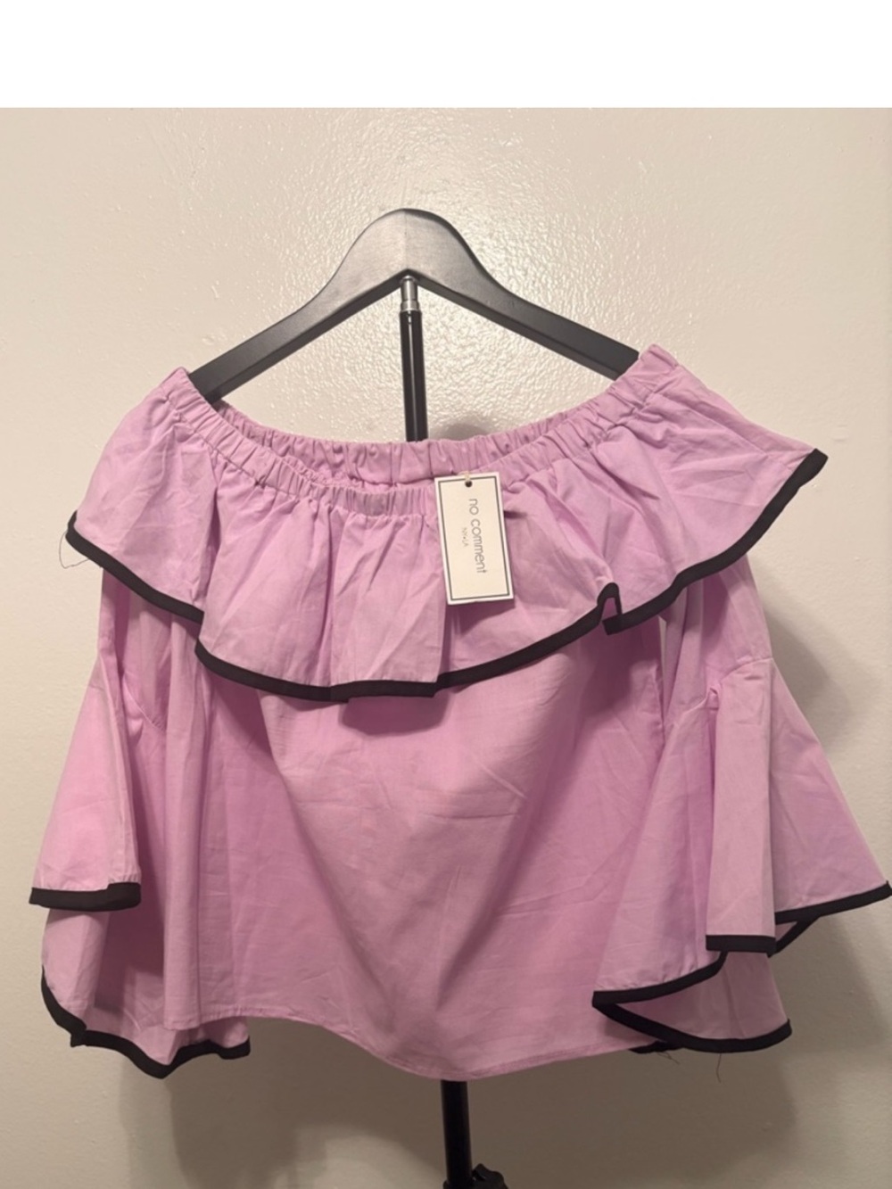 No Comment Lavender Off-Shoulder Ruffle Top with Black Trim